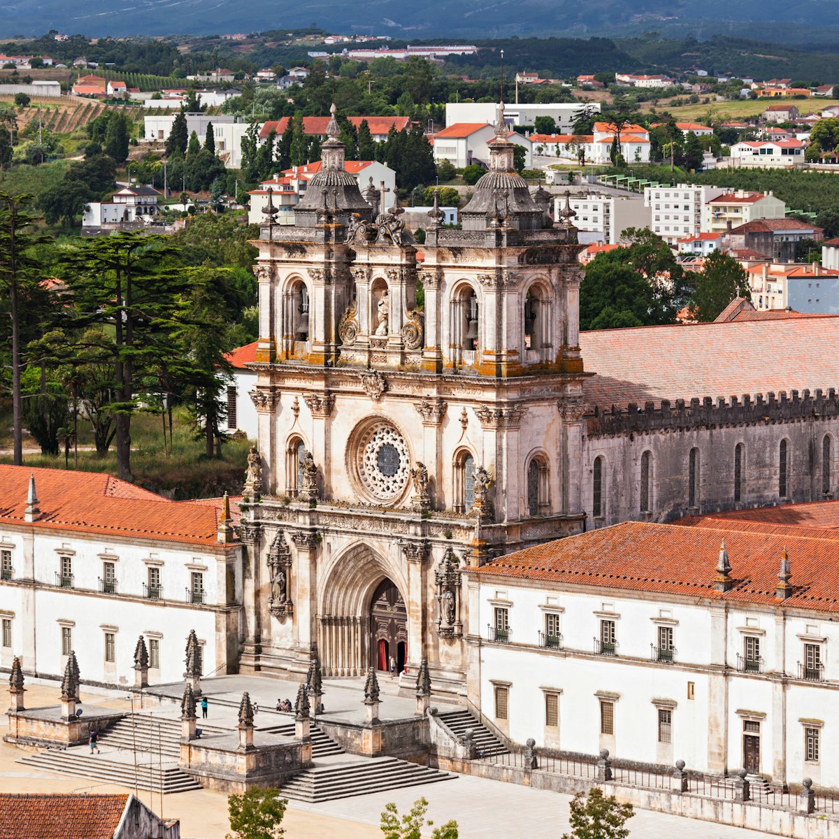 Aerial view of Alcobaca Monastery in Alcobaca, Portugal